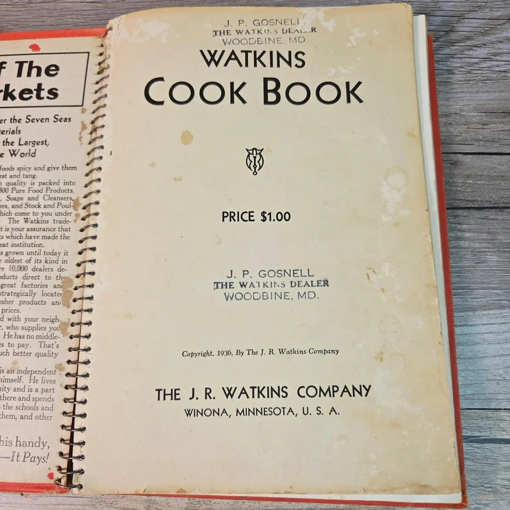 Vintage 1936 Watkins Cook Book Spiral Bound Retro Recipes JR Watkins Co Winona
